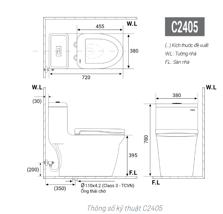 Bản vẽ kĩ thuật Bồn cầu 1 khối DK-C2405