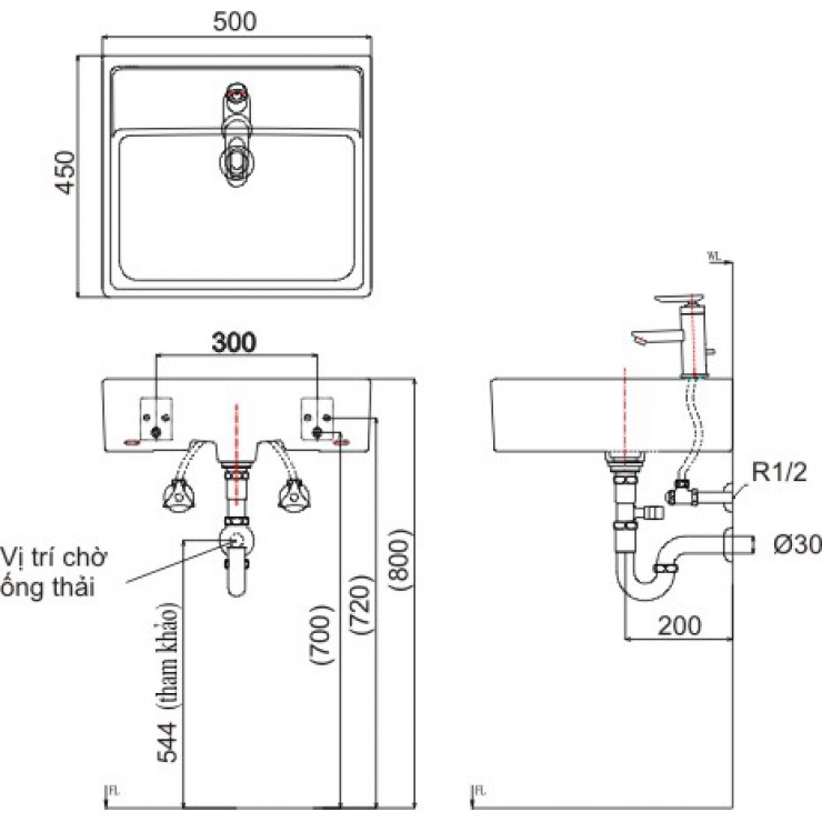 Bản vẽ kĩ thuật Lavabo chậu rửa mặt Inax L-293V đặt bàn - L293V