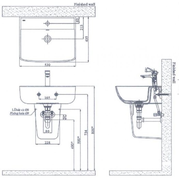 bản vẽ kĩ thuật Lavabo chậu rửa mặt Inax L-312V treo tường + chân
