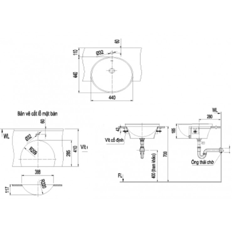 Bản vẽ kĩ thuật Lavabo chậu rửa mặt Inax AL-333V bán âm sứ chống bám bẩn Aquaceramic - AL333V