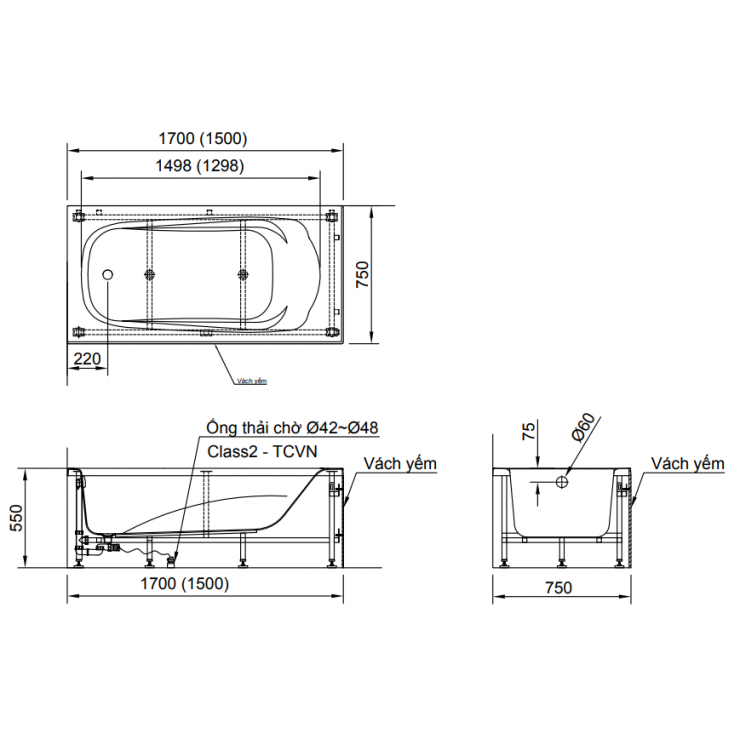 Bản vẽ kĩ thuật bồn tắm yếm Inax FBV-1702S dài 1m7 - FBV1702S
