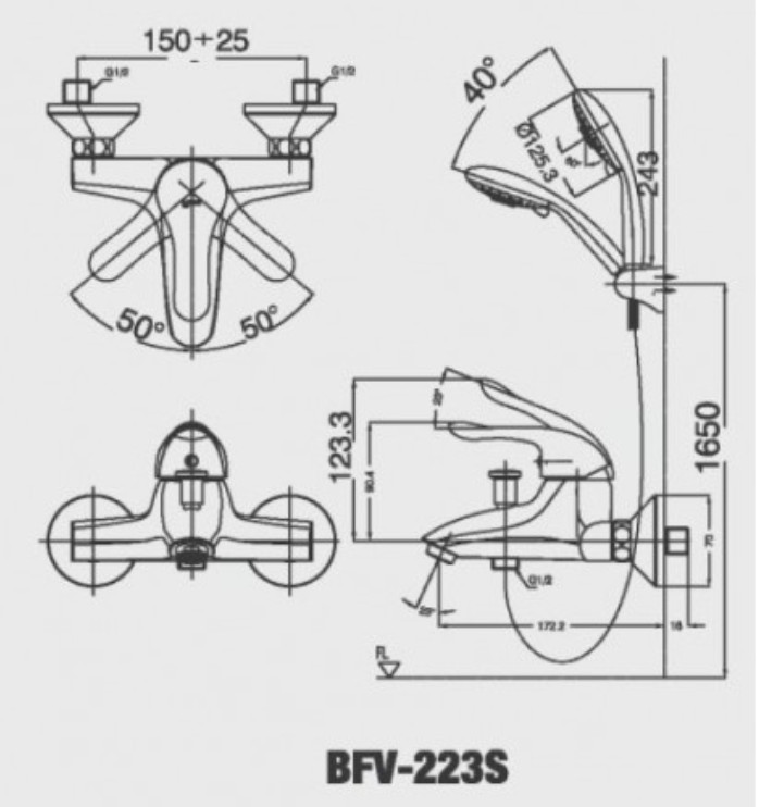 Bản vẽ kĩ thật Vòi sen tắm nóng lạnh Inax BFV-223S