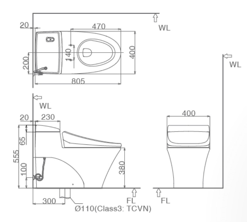 Bản vẽ kĩ thuật bồn cầu 1 khối INAX AC-1017VRN Aqua Ceramic