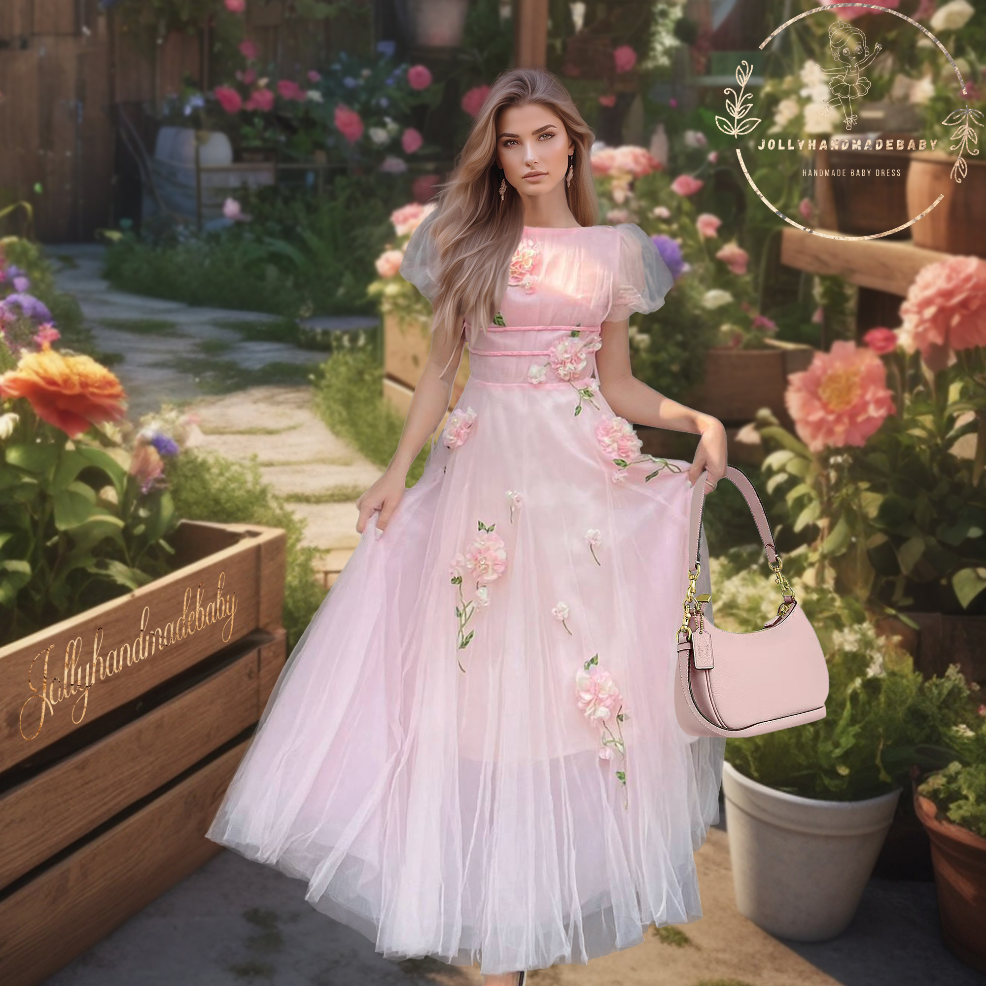 Exclusive Short Sleeve Tulle Maxi Dress with Floral Applique in Pink The Dress for Women