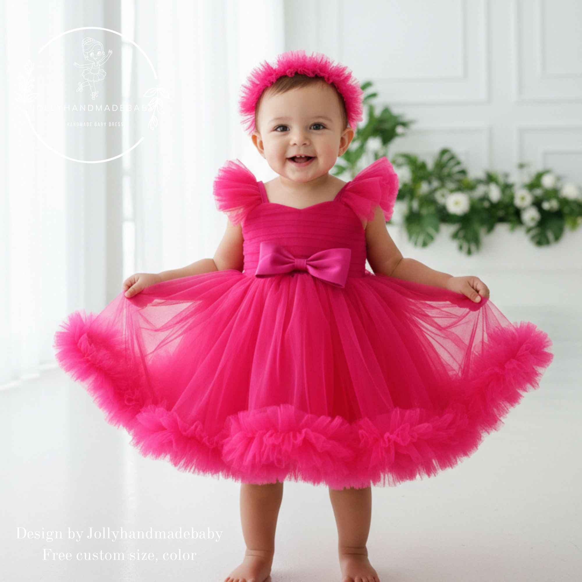 bright birthday dress Lace Birthday Girl Dress, Bright Pink Shinning Pageant Dress, Puffy Sleeve, Formal Event, Graduation Dress, Smash Cake, Doll Toddler Outfit