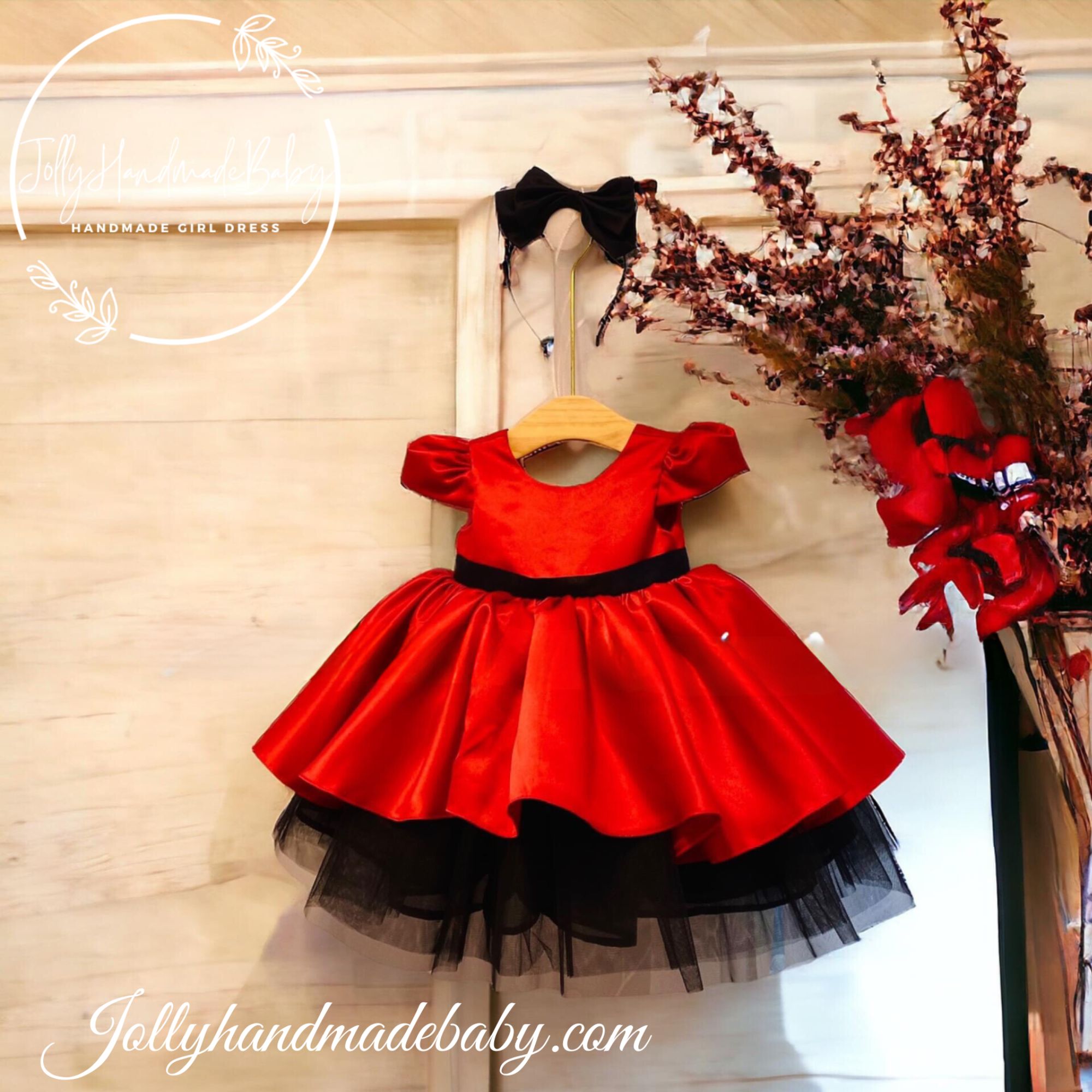 Short Sleeve Pleated Tiered Satin Midi Dress in Black Red Gift for Baby Girl
