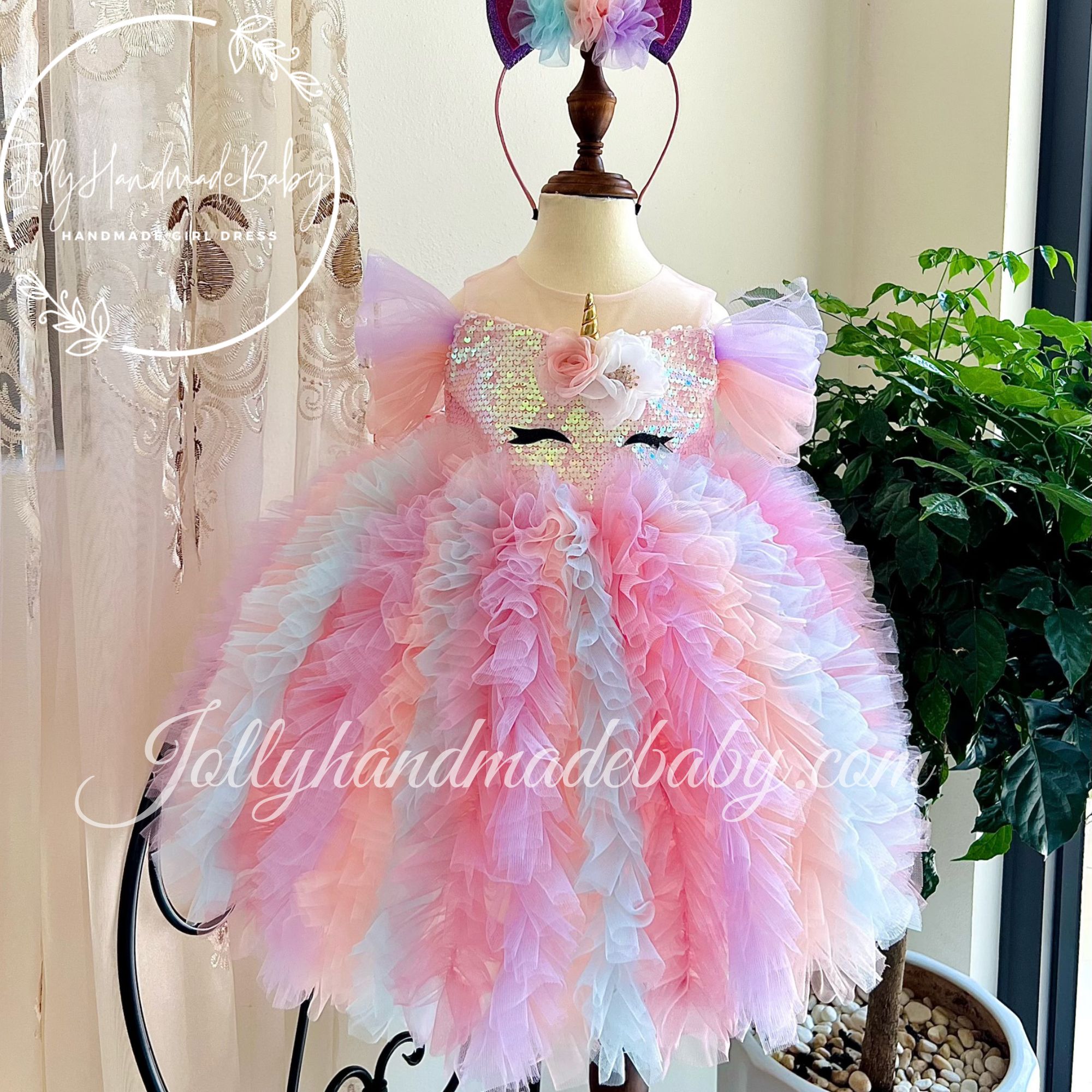Unicorn Cap Sleeve Midi Dress with Feather Style in Rainbow Mesh Tulle Dress for Baby Girl
