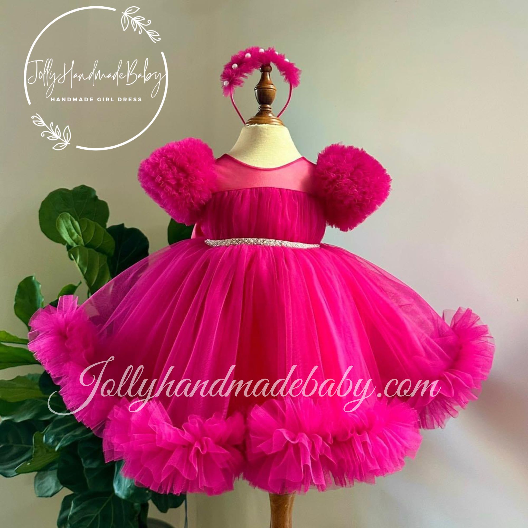 Puff Short Sleeve with Mesh Square Neck Dress in Hot Pink Tulle Midi Dress for Baby Girls