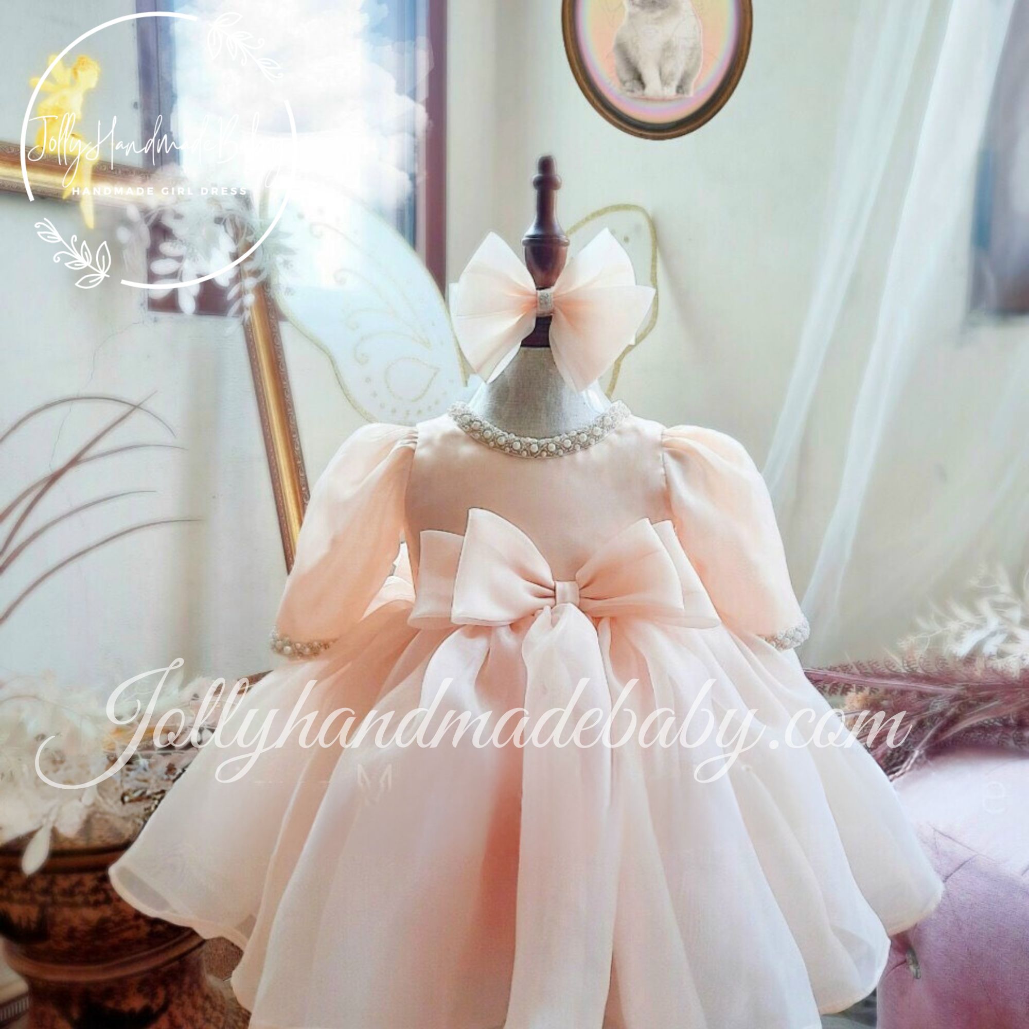 Pink Organza Baby Frocks Puff Long Sleeve Organza Midi Dress With