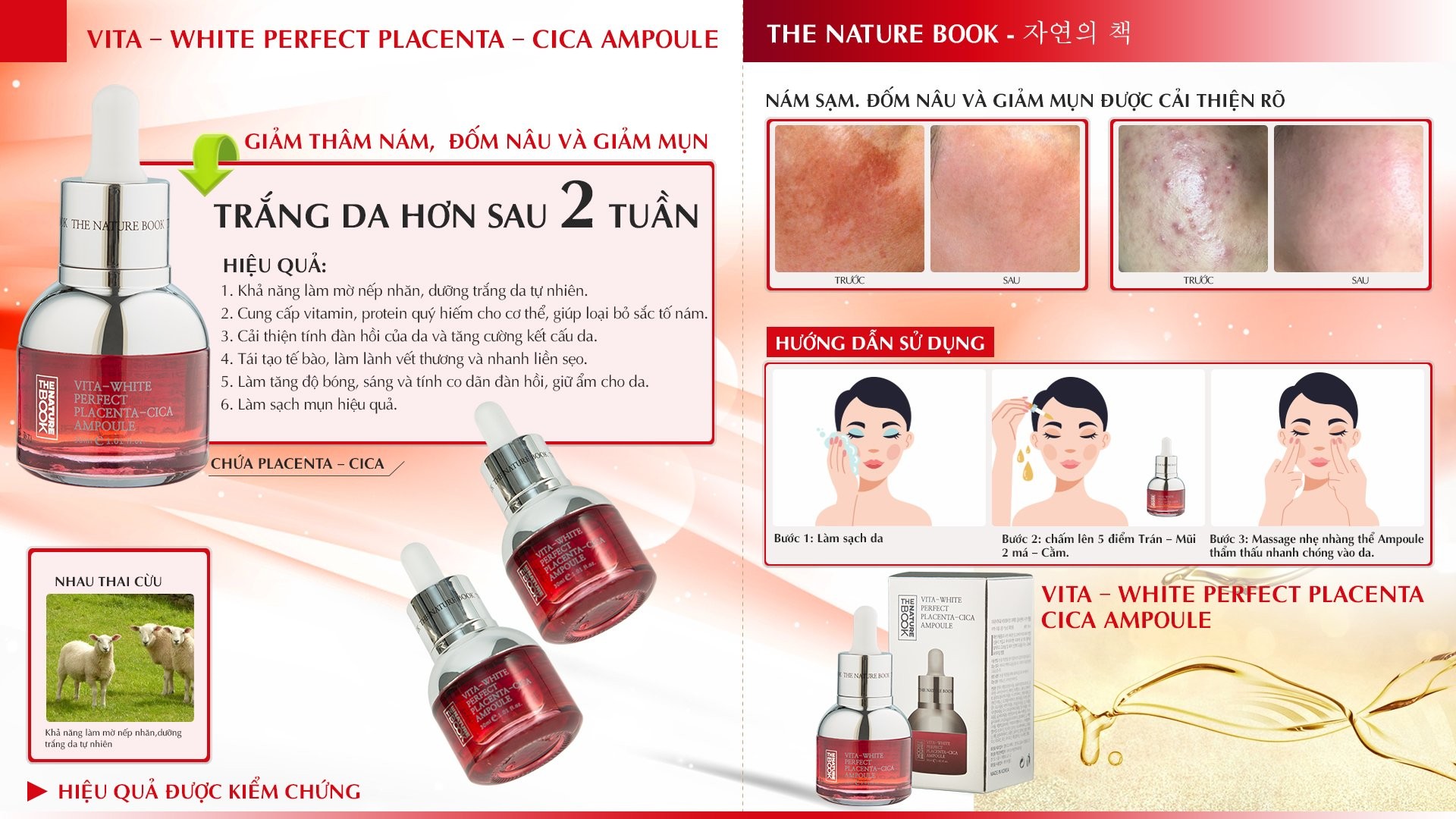 Ampoule Nhau Thai Cừu The Nature Book 30mlVita-White Perfect Placenta-Cica Ampoule