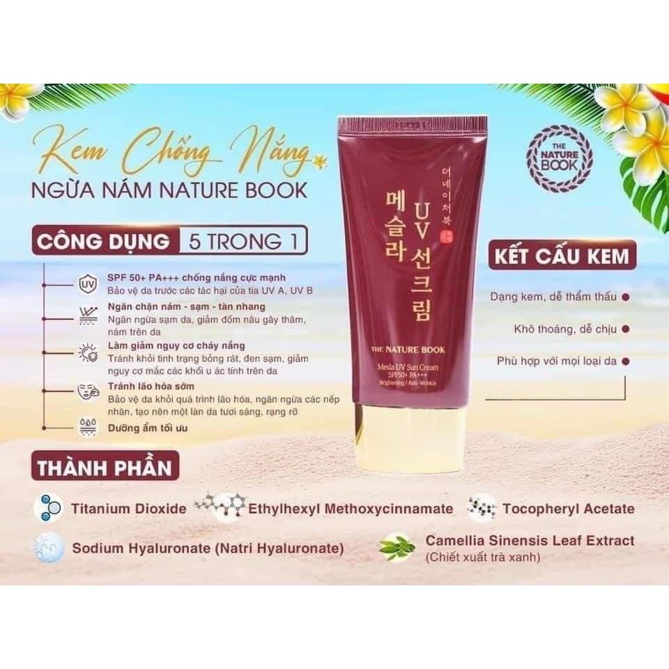 Kem chống nắng ngừa nám Nature Book 50gThe Nature Book Mesla UV Sun Cream SPF50+ PA+++