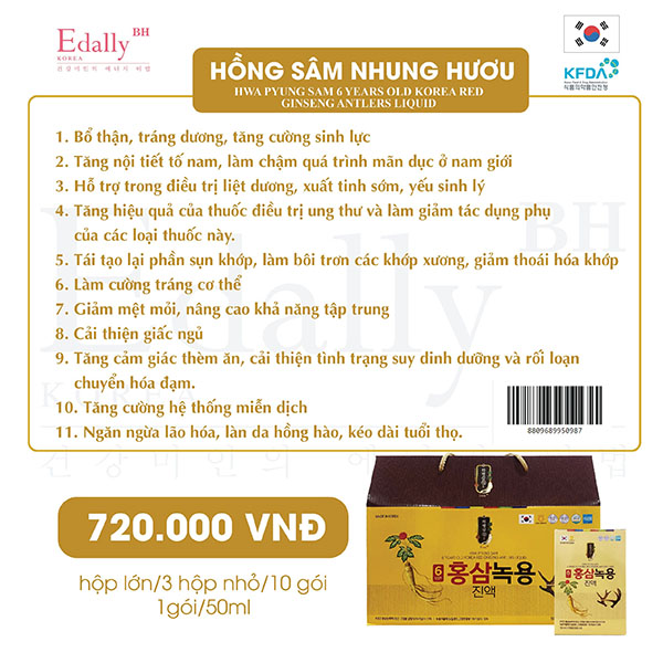 Nước Hồng Sâm Nhung Hươu Edally - Hwa Pyung Sam 6 Years Old Korea Red Ginseng Antilers Liquid