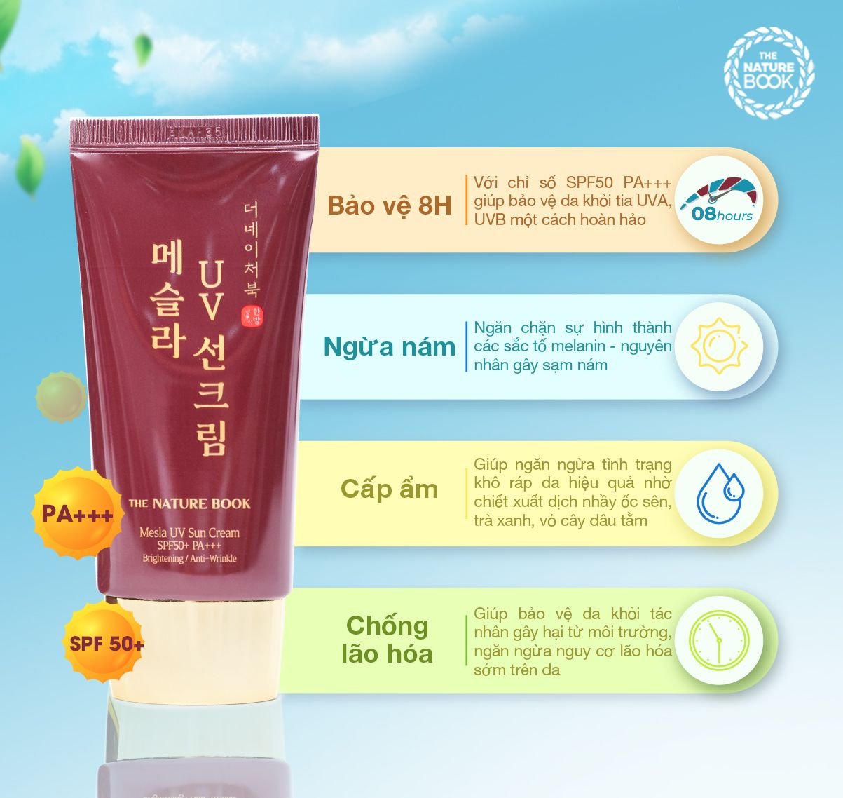 Kem chống nắng ngừa nám Nature Book 50gThe Nature Book Mesla UV Sun Cream SPF50+ PA+++