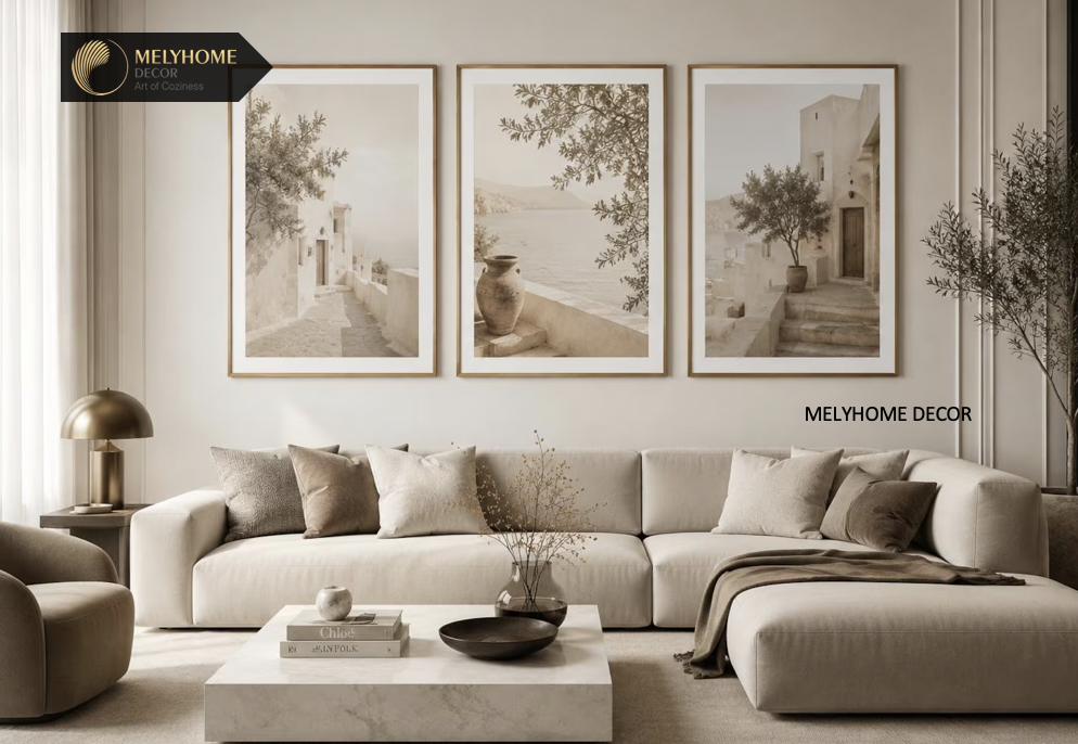 12 Mẫu Bộ 3 bức Tranh Treo Tường Biển Santorini Hy Lạp Địa Trung Hải Xanh Trắng Tráng Gương / Canvas Phong Cảnh Trang trí Phòng Khách Sạn Ngủ- MELYHOME DECOR