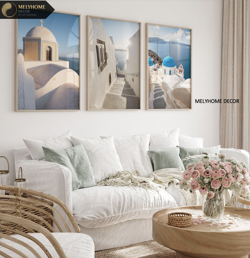 12 Mẫu Bộ 3 bức Tranh Treo Tường Biển Santorini Hy Lạp Địa Trung Hải Xanh Trắng Tráng Gương / Canvas Phong Cảnh Trang trí Phòng Khách Sạn Ngủ- MELYHOME DECOR