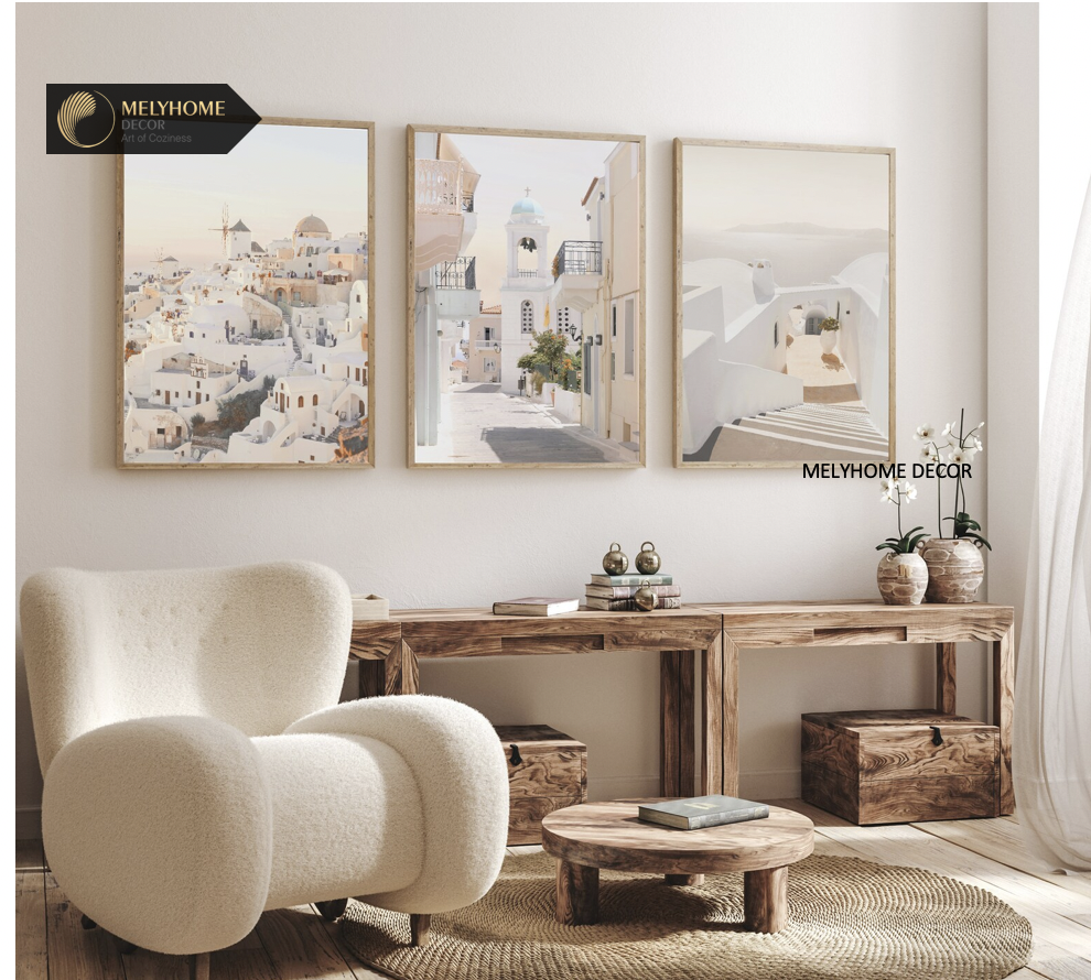 12 Mẫu Bộ 3 bức Tranh Treo Tường Biển Santorini Hy Lạp Địa Trung Hải Xanh Trắng Tráng Gương / Canvas Phong Cảnh Trang trí Phòng Khách Sạn Ngủ- MELYHOME DECOR