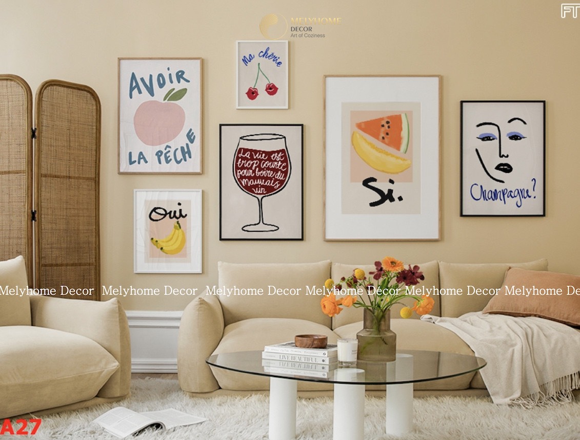 Bộ 6 Tranh Treo Tường Tráng gương Tối Giản Boho Minimalism Cam Trắng Trừu Tượng Ly Cafe Trái Cây - 5