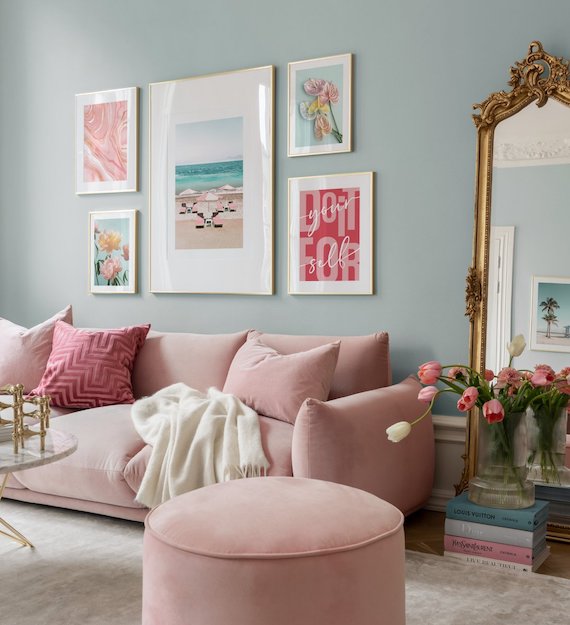 Bộ 5 Tranh Treo Tường Tráng gương/Canvas Màu Hồng Biển Hoa Trừu Tượng Minimalism Tối Giản