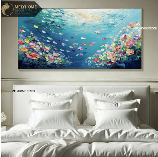 Tổng hợp Các Mẫu Tranh Ngang Biển Hoa Xanh Dương In Phẳng Như Nổi 3D Nghệ Thuật Treo Tường Trang trí Phòng Khách Sạn Resorts Phòng Ngủ MELYHOME DECOR