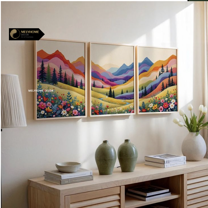 Bộ 3 Tranh Treo Tường Tráng Gương / Canvas Phong Cảnh Cánh Hoa Đồng Rực Rỡ Boho Minimalist Tối Giản- MELYHOME DECOR
