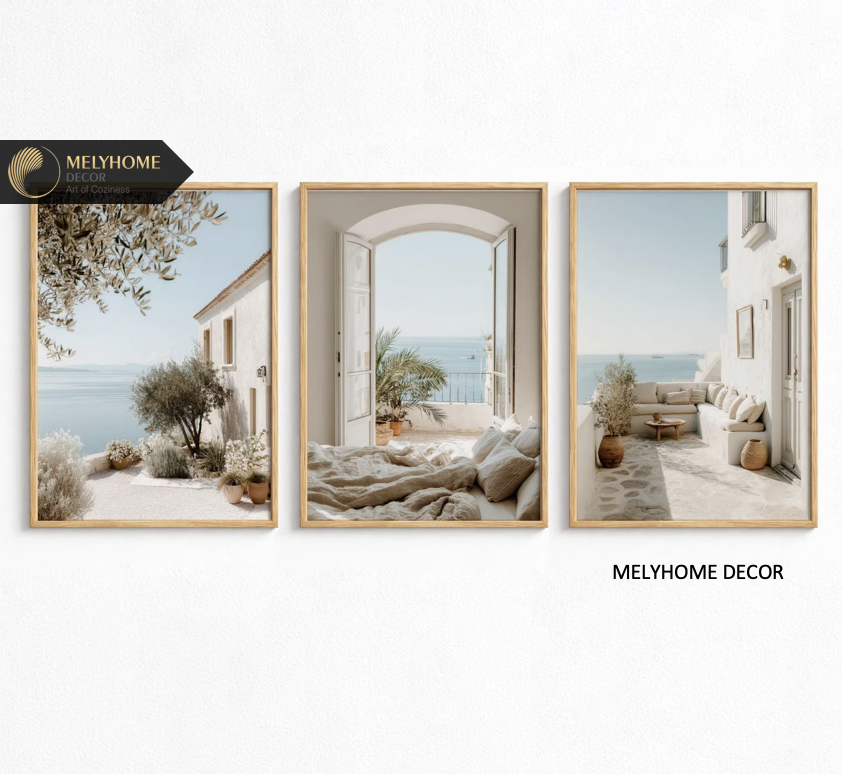 12 Mẫu Bộ 3 bức Tranh Treo Tường Biển Santorini Hy Lạp Địa Trung Hải Xanh Trắng Tráng Gương / Canvas Phong Cảnh Trang trí Phòng Khách Sạn Ngủ- MELYHOME DECOR