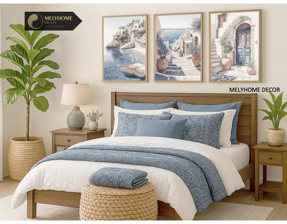 12 Mẫu Bộ 3 bức Tranh Treo Tường Biển Santorini Hy Lạp Địa Trung Hải Xanh Trắng Tráng Gương / Canvas Phong Cảnh Trang trí Phòng Khách Sạn Ngủ- MELYHOME DECOR