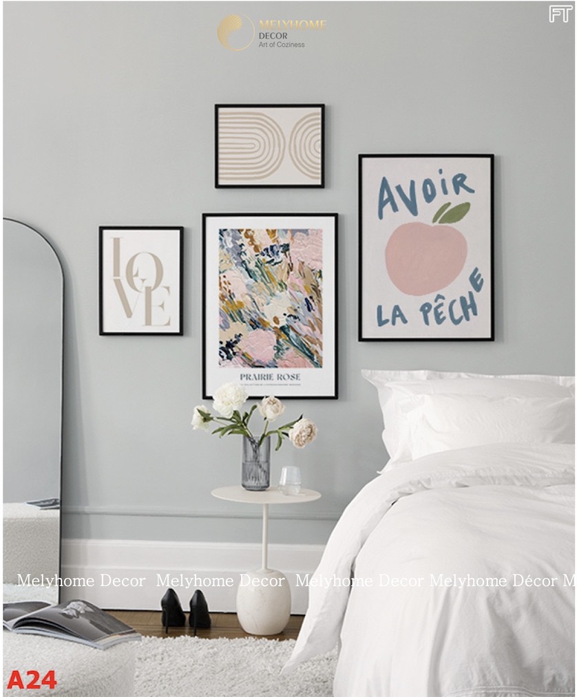Bộ 4 Tranh Treo Tường Tráng gương/Canvas Hoa Lá Love Trừu Tượng Hồng Trắng - 14