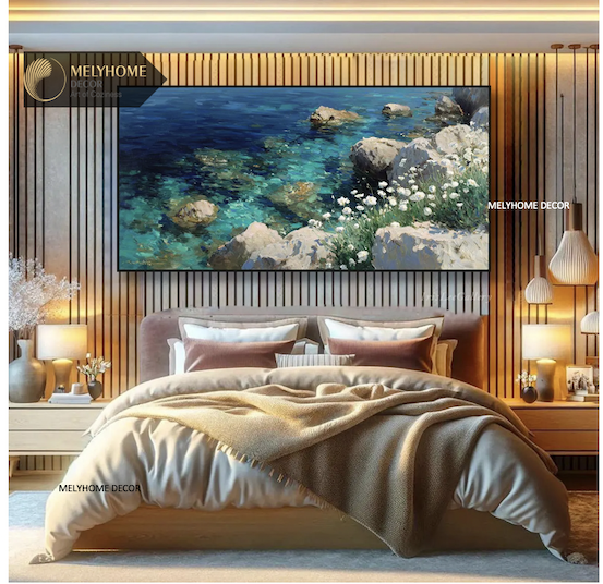 Tổng hợp Các Mẫu Tranh Ngang Biển Hoa Xanh Dương In Phẳng Như Nổi 3D Nghệ Thuật Treo Tường Trang trí Phòng Khách Sạn Resorts Phòng Ngủ MELYHOME DECOR