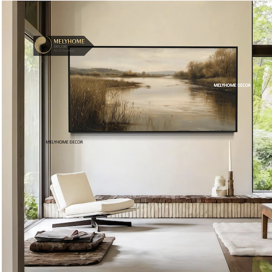 Tranh Khổ Lớn Ngang Cánh Đồng Sông Nước Cỏ Dại Vintage Châu Âu Phong Cảnh Tối Giản Boho Minimalist Treo Tường Canvas / Tráng gương trang trí phòng khách sạn, phòng ngủ- MELYHOME DECOR