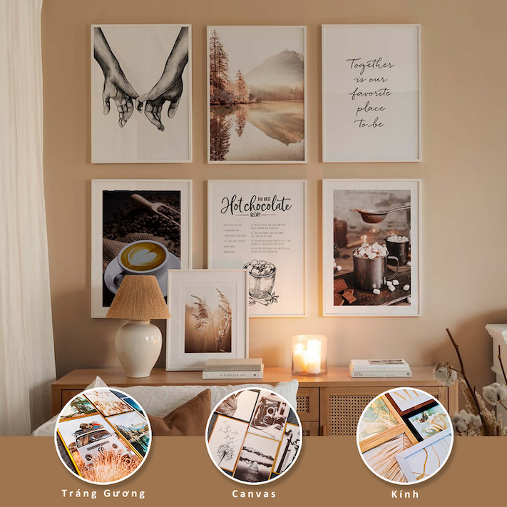 Bộ 6 Tranh Treo Tường Tráng gương/Canvas Phong Cảnh Sông Núi Cafe Bàn Tay Couple Quotes