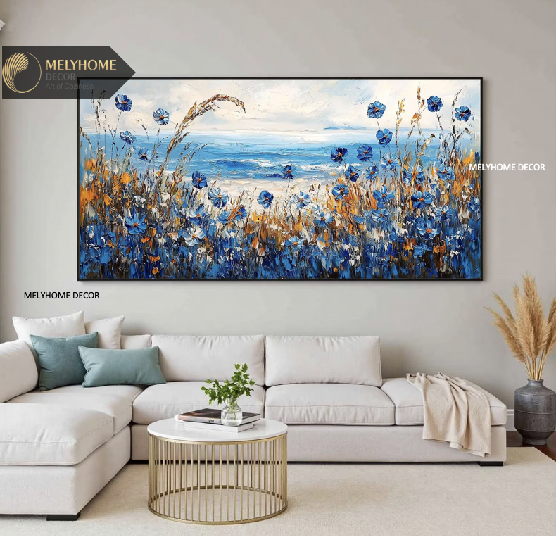 Tổng hợp Các Mẫu Tranh Ngang Biển Hoa Xanh Dương In Phẳng Như Nổi 3D Nghệ Thuật Treo Tường Trang trí Phòng Khách Sạn Resorts Phòng Ngủ MELYHOME DECOR