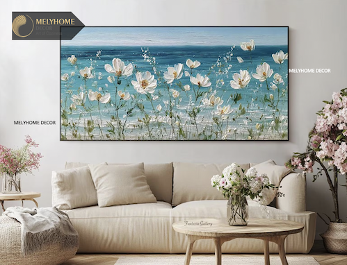 Tổng hợp Các Mẫu Tranh Ngang Biển Hoa Xanh Dương In Phẳng Như Nổi 3D Nghệ Thuật Treo Tường Trang trí Phòng Khách Sạn Resorts Phòng Ngủ MELYHOME DECOR