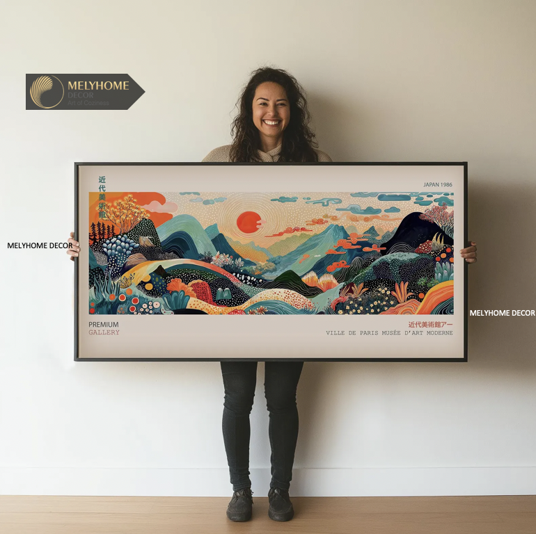 Tranh Khổ Lớn Ngang Hoàng Hôn Mặt Trời Rừng Núi Màu Sắc Phong Cảnh Tối Giản Boho Minimalist Treo Tường Canvas / Tráng gương trang trí phòng khách sạn, phòng ngủ- MELYHOME DECOR