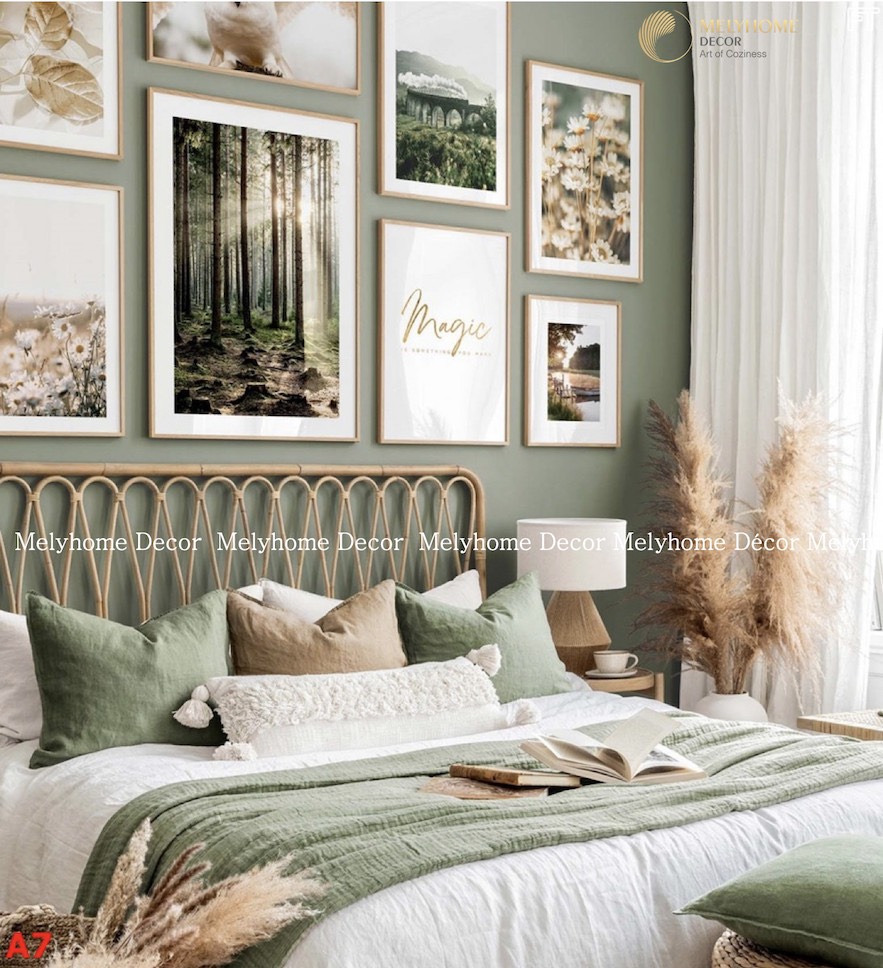 Bộ 8 Tranh Treo Tường Tráng gương/Canvas Phong Cảnh Tropical Bắu Âu Rừng Núi Sông Nước Xanh Lá- 23