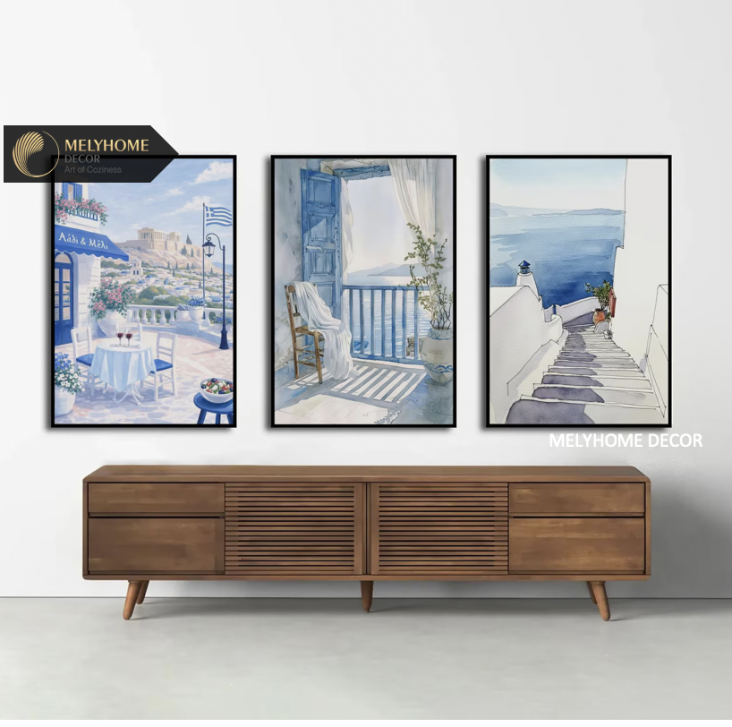 12 Mẫu Bộ 3 bức Tranh Treo Tường Biển Santorini Hy Lạp Địa Trung Hải Xanh Trắng Tráng Gương / Canvas Phong Cảnh Trang trí Phòng Khách Sạn Ngủ- MELYHOME DECOR