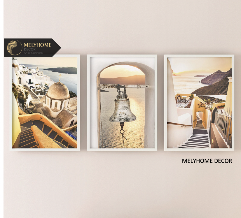 12 Mẫu Bộ 3 bức Tranh Treo Tường Biển Santorini Hy Lạp Địa Trung Hải Xanh Trắng Tráng Gương / Canvas Phong Cảnh Trang trí Phòng Khách Sạn Ngủ- MELYHOME DECOR