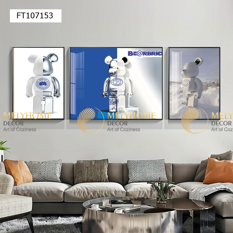 Bộ 3 lớn tranh treo tường Canvas Tráng gương cao cấp tranh Bearbrick Kaws -8