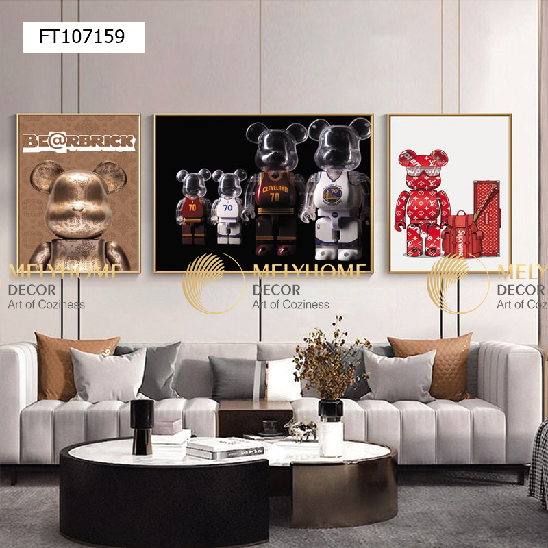 Bộ 3 lớn tranh treo tường Canvas Tráng gương cao cấp tranh Bearbrick Kaws -7
