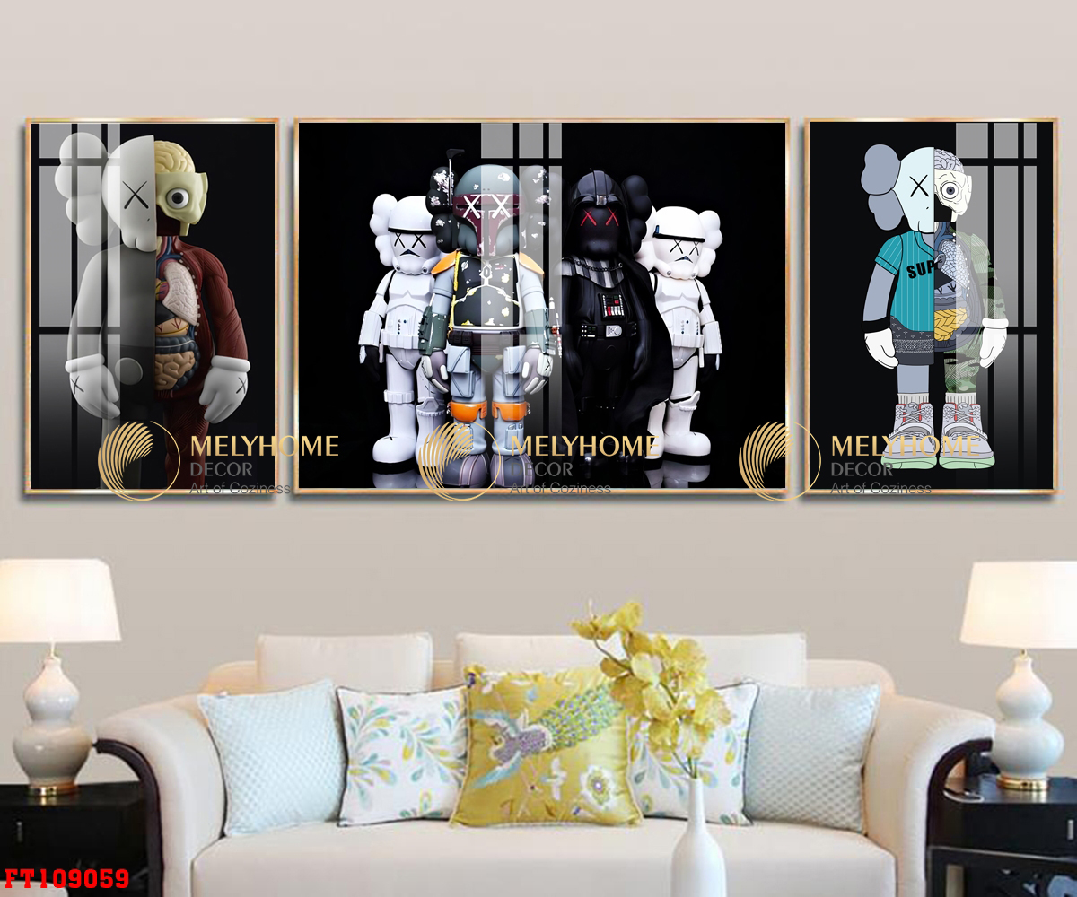 Bộ 3 lớn tranh treo tường Canvas Tráng gương cao cấp tranh Bearbrick Kaws -3