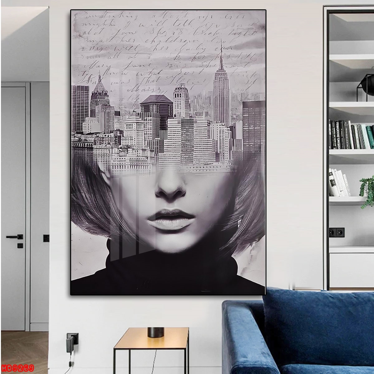 Tranh Đơn Dọc Treo Tường Tráng Gương / Canvas Tone Trắng Cô gái và Thành Phố CG13- MELYHOME