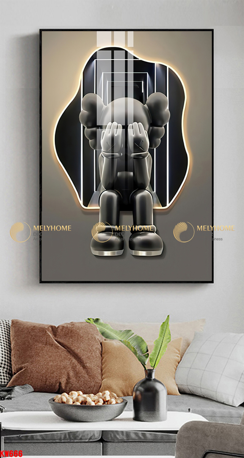Tranh treo tường đơn dọc canvas Tráng gương gấu bearbrick kaws (tỷ lệ 2:3) -2