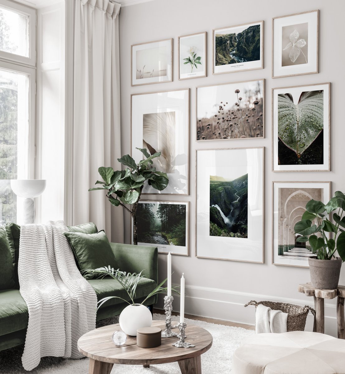 Bộ 10 Tranh Treo Tường Tráng gương/Canvas Trắng Vàng Phong Cảnh Lá Cây Xanh Cánh Đồng Cỏ Trừu Tượng - MELYHOME