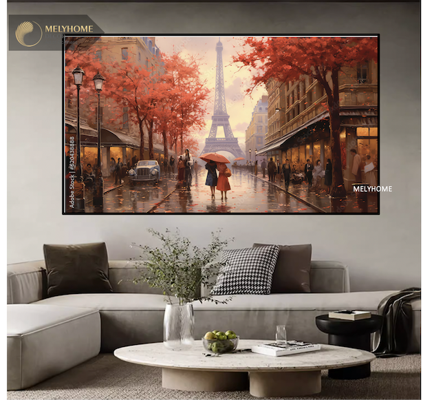 Tranh Đơn Ngang Treo Tường Tráng gương Phong Cảnh Sơn Dầu Thành Phố Châu Âu Tháp Eiffel Nổi Tiếng -TP127