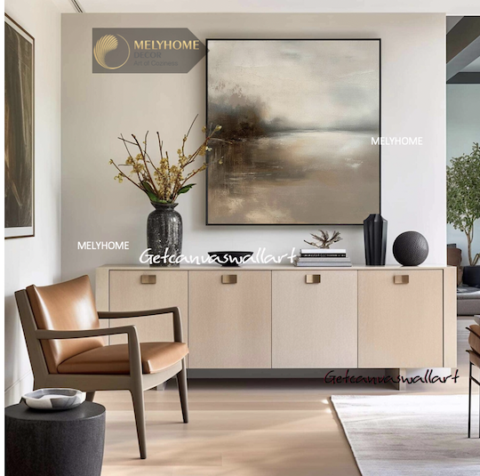 Tranh treo tường đơn vuông- Tráng gương Cao Cấp Be Trắng In Kiểu Sơn Dầu Wabi sabi Tối Giản Minimalist - MELYHOME DECOR