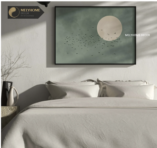 Tranh Mặt Trời Chim Xanh Nhật Bản Wabi Sabi Boho Minimalist Tối Giản Trừu Tượng Đơn Dọc Treo Tường Tráng Gương / Canvas Cao Cấp