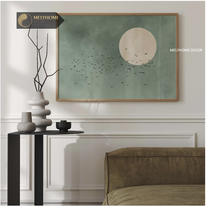 Tranh Mặt Trời Chim Xanh Nhật Bản Wabi Sabi Boho Minimalist Tối Giản Trừu Tượng Đơn Dọc Treo Tường Tráng Gương / Canvas Cao Cấp