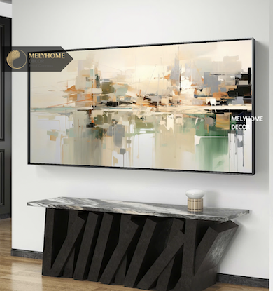 Tranh Đơn Ngang Trừu Tượng Xanh lá Vàng Sắc Màu Cam Tối Giản Minimalist Wabi sabi Treo Tường Tráng gương trang trí phòng khách sạn, phòng ngủ