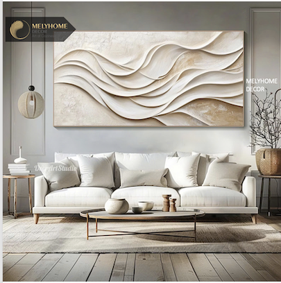 Tranh Đơn Ngang Trừu Tượng Sóng Hoạ Tiết Be Xám Tối Giản Minimalist Wabi sabi Treo Tường Tráng gương trang trí phòng khách sạn, phòng ngủ