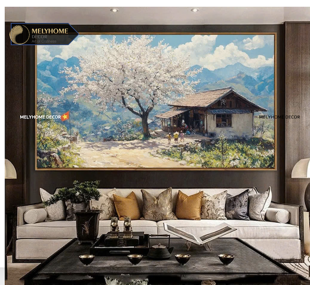 Tranh Đơn Ngang Trừu Tượng Đồi Hoa Mận Trắng Núi Rừng Tây Bắc Hà Giang Sapa Mộc Châu Việt Nam Du Lịch In kiểu phong cách Sơn Dầu Treo Tường Tráng gương Trang trí phòng khách sạn nhà hàng