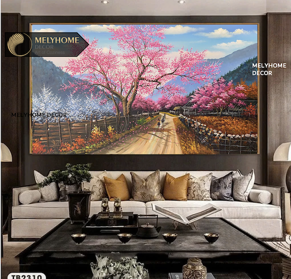 Tranh Đơn Ngang Trừu Tượng Đồi Hoa Anh Đào Núi Rừng Tây Bắc Hà Giang Sapa Mộc Châu Việt Nam Du Lịch In kiểu phong cách Sơn Dầu Treo Tường Tráng gương Trang trí phòng khách sạn nhà hàng